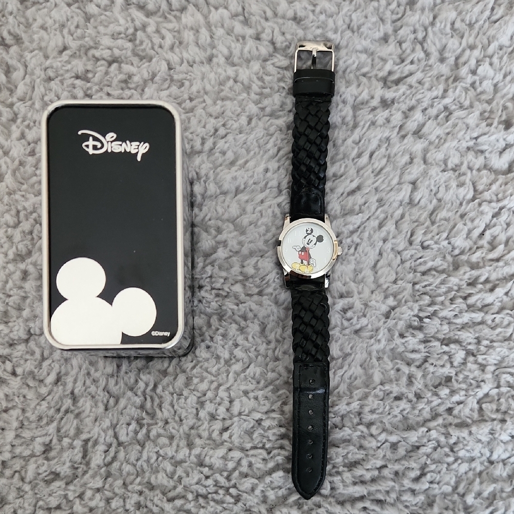 Disney Mickey Mouse Watch • Black Braided‎ Strap • Collector Tin Included